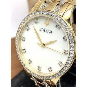 Bulova Women's Watch 98X119 Gold Tone Crystal Accent Mother of Pearl Whi…